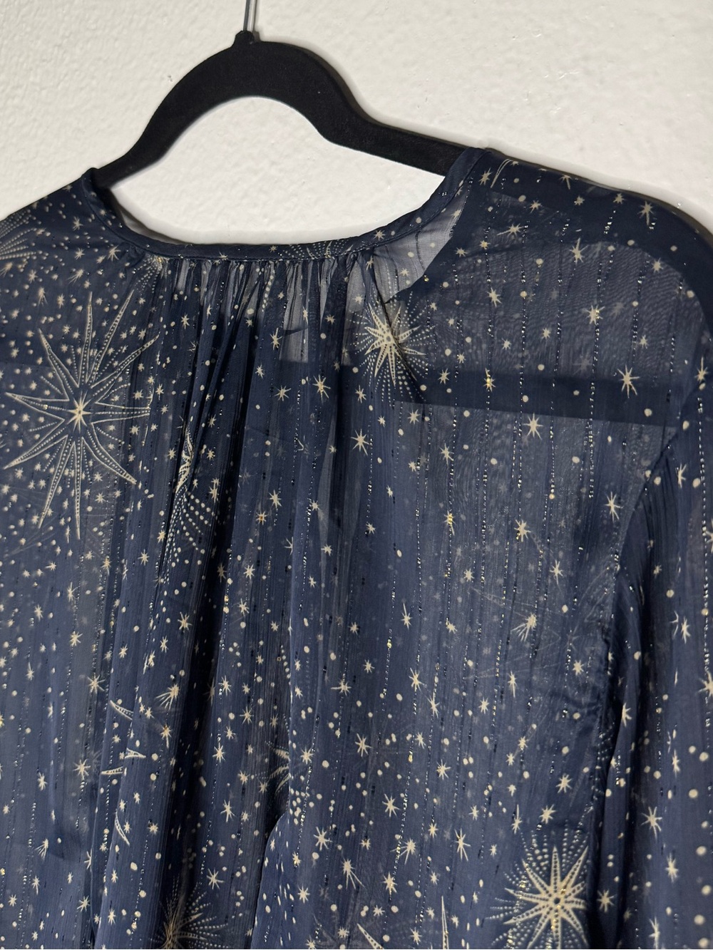LOFT Celestial Shimmer Ruffle Peplum Blouse Navy Blue Sheer Star Print Sz XL - Picture 5 of 10
